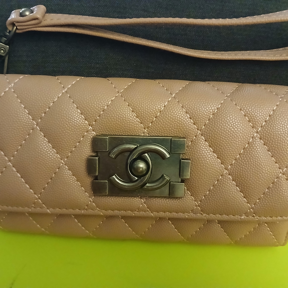 Elegant Tan Quilted Clutch with Metal CC Accent Rose Pink